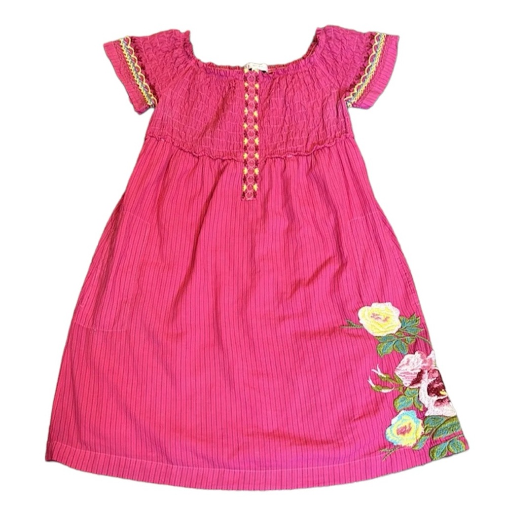 Johnny Was 3J Workshop Off The Shoulder Smocked Pink Embroidered Dress Sz Medium